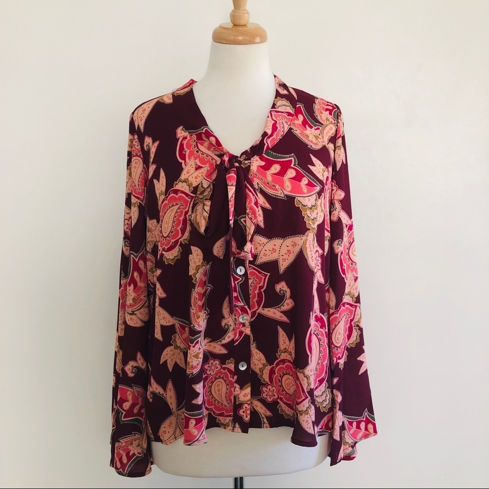 Show Me Your Mumu Brynn Paisley Boho Blouse Tie Neck Burgundy XS NWT - Picture 8 of 16